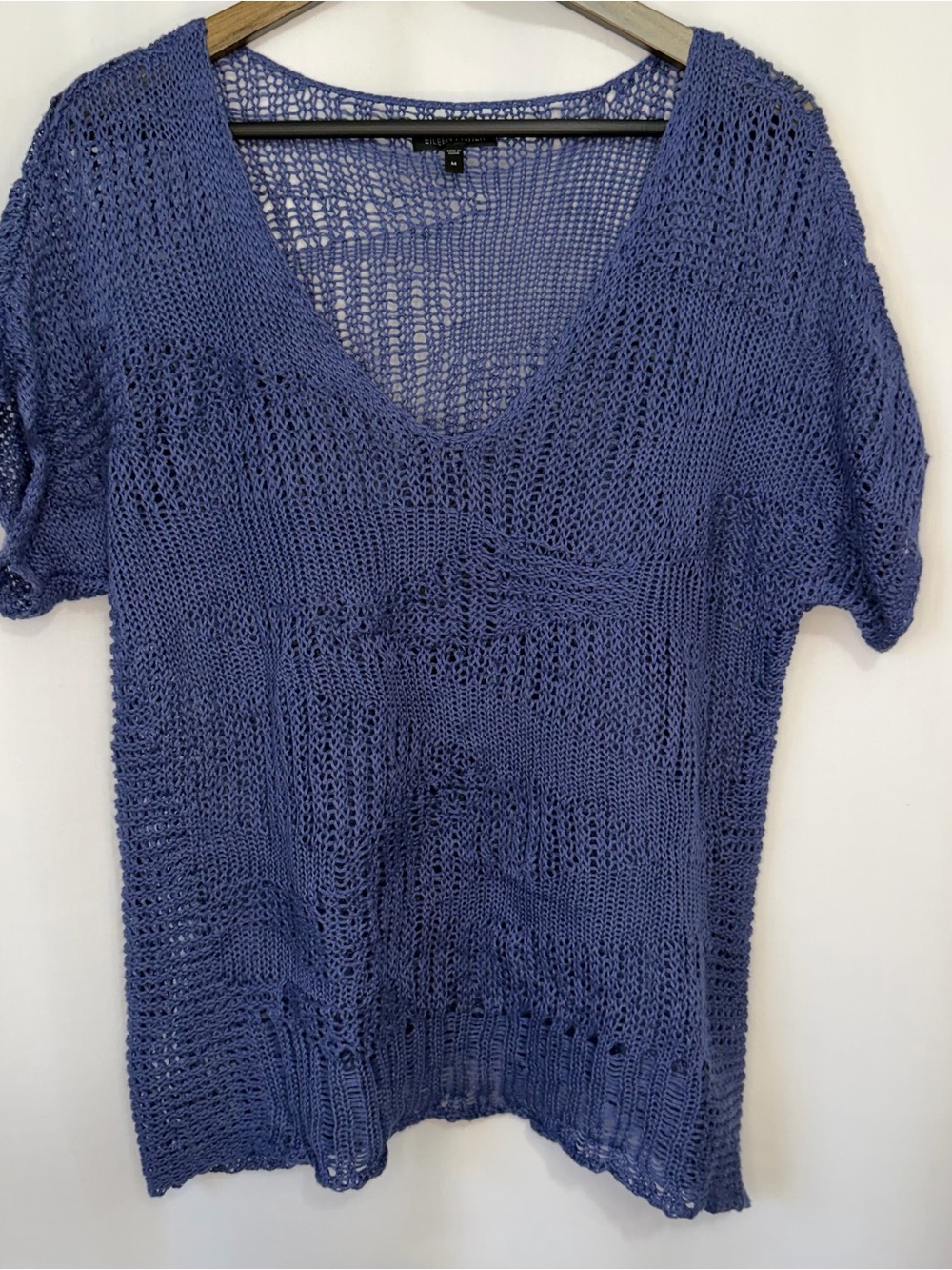 Eileen Fisher Cotton Metallic Stitch Sweater Top size Medium Blue V-Neck Knit